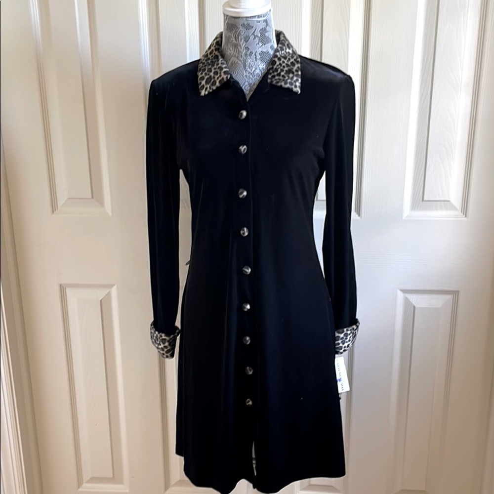 Black velvet stretch dress with leopard accents.